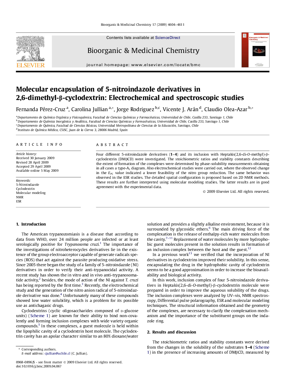 Molecular encapsulation of 5-nitroindazole derivatives in 2,6-dimethyl-β-cyclodextrin: Electrochemical and spectroscopic studies