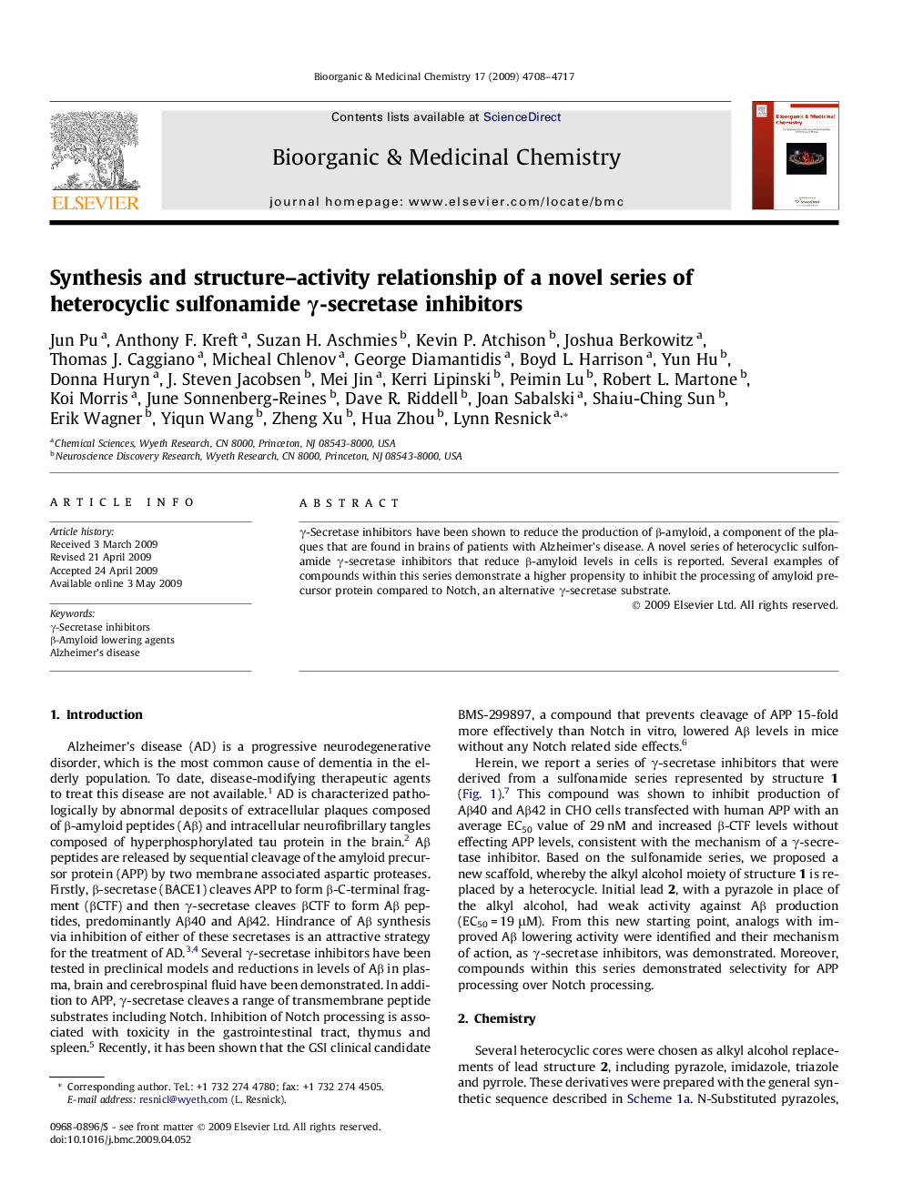 عکس صفحه اول مقاله: Synthesis and structure–activity relationship of a novel series of heterocyclic sulfonamide γ-secretase inhibitors Synthesis and structure–activity relationship of a novel series of heterocyclic sulfonamide γ-secretase inhibitors