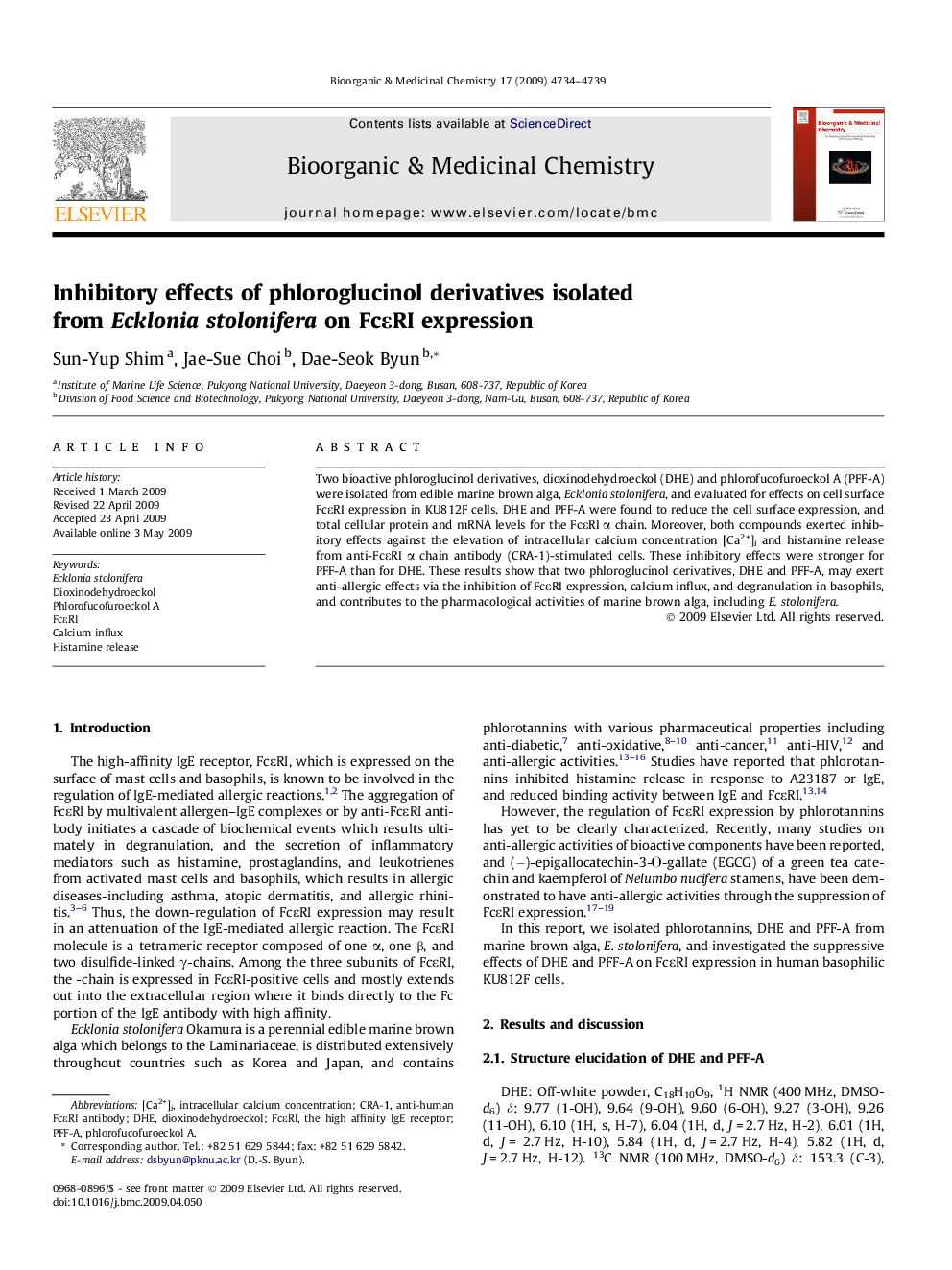 Inhibitory effects of phloroglucinol derivatives isolated from Ecklonia stolonifera on FcεRI expression