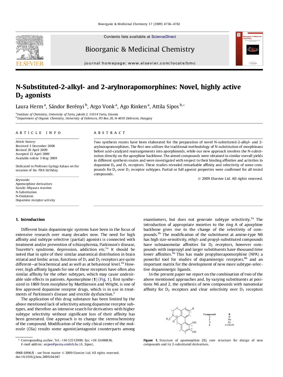 N-Substituted-2-alkyl- and 2-arylnorapomorphines: Novel, highly active D2 agonists