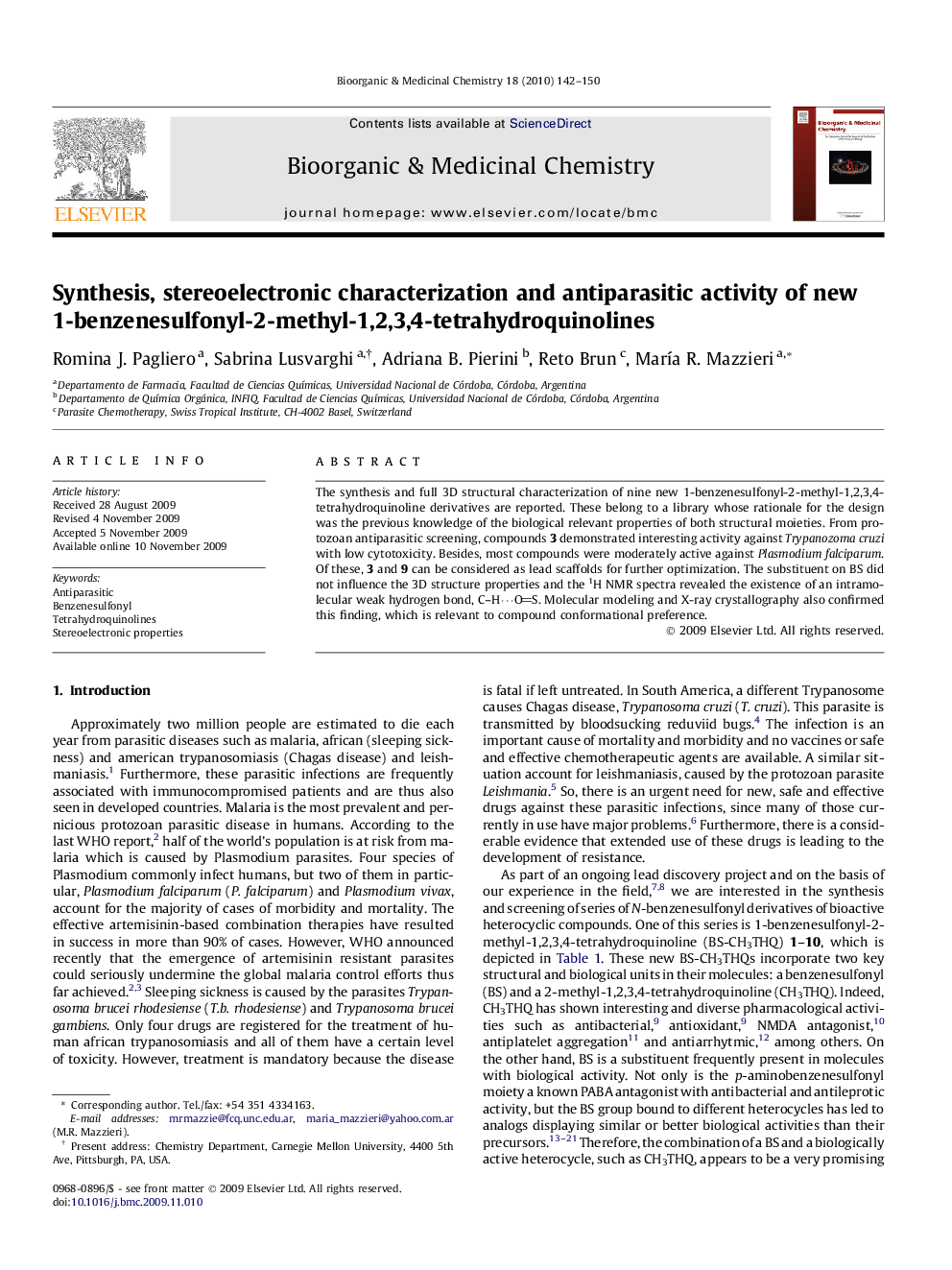 Synthesis, stereoelectronic characterization and antiparasitic activity of new 1-benzenesulfonyl-2-methyl-1,2,3,4-tetrahydroquinolines