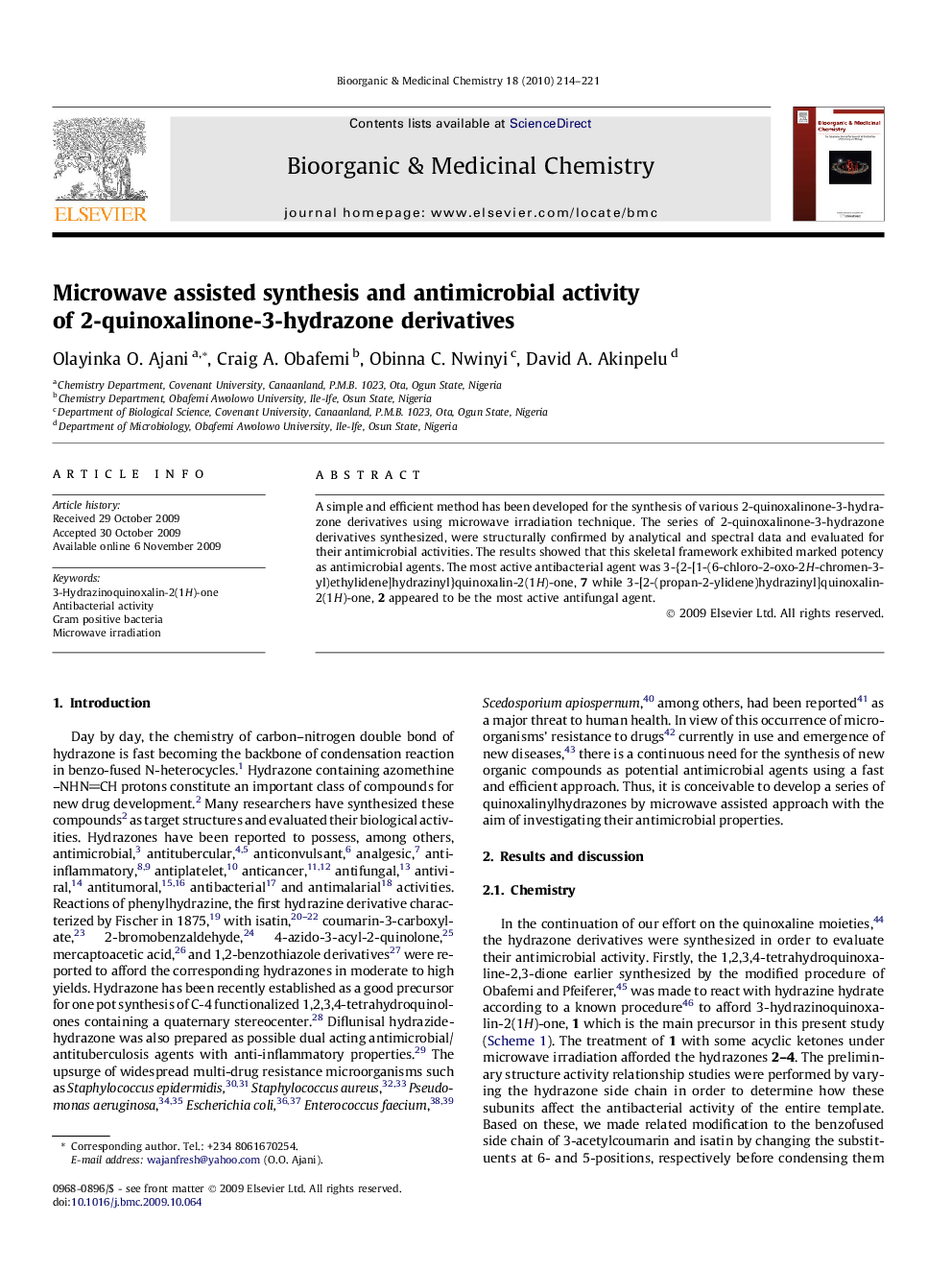 Microwave assisted synthesis and antimicrobial activity of 2-quinoxalinone-3-hydrazone derivatives