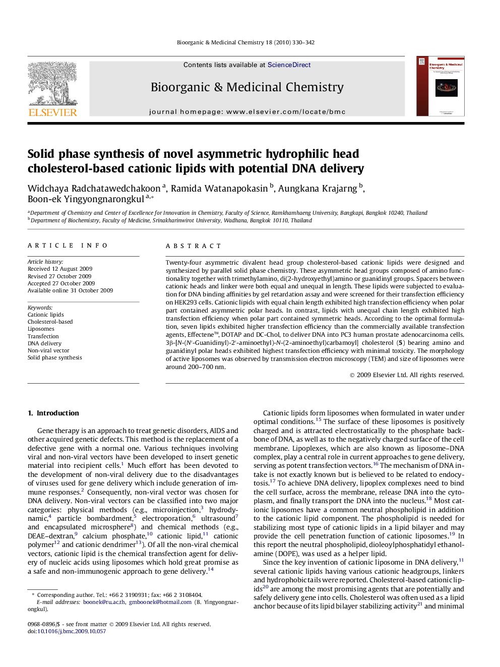 Solid phase synthesis of novel asymmetric hydrophilic head cholesterol-based cationic lipids with potential DNA delivery