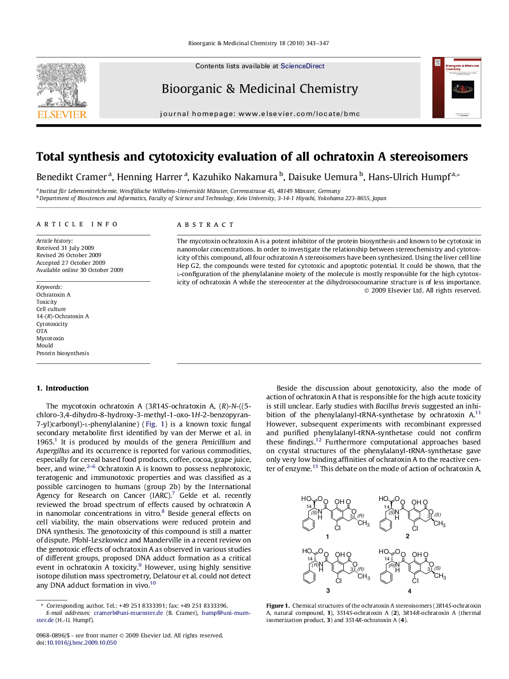 Total synthesis and cytotoxicity evaluation of all ochratoxin A stereoisomers