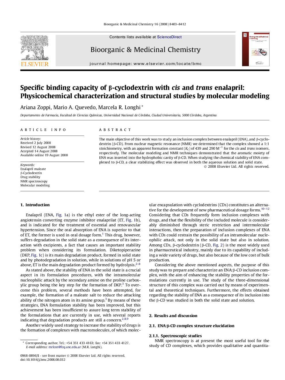 Specific binding capacity of β-cyclodextrin with cis and trans enalapril: Physicochemical characterization and structural studies by molecular modeling