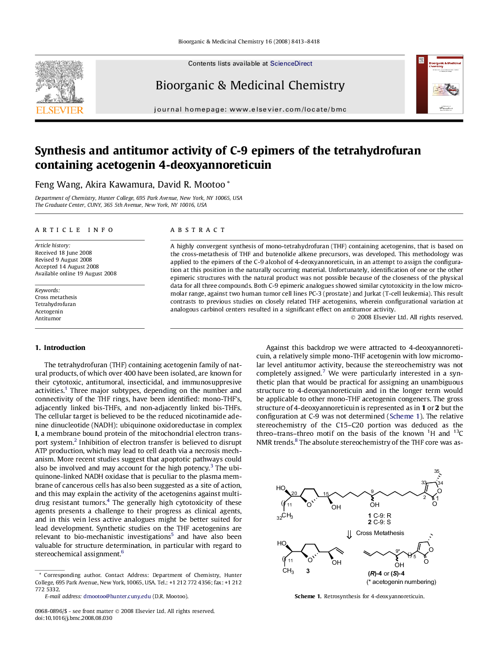 Synthesis and antitumor activity of C-9 epimers of the tetrahydrofuran containing acetogenin 4-deoxyannoreticuin