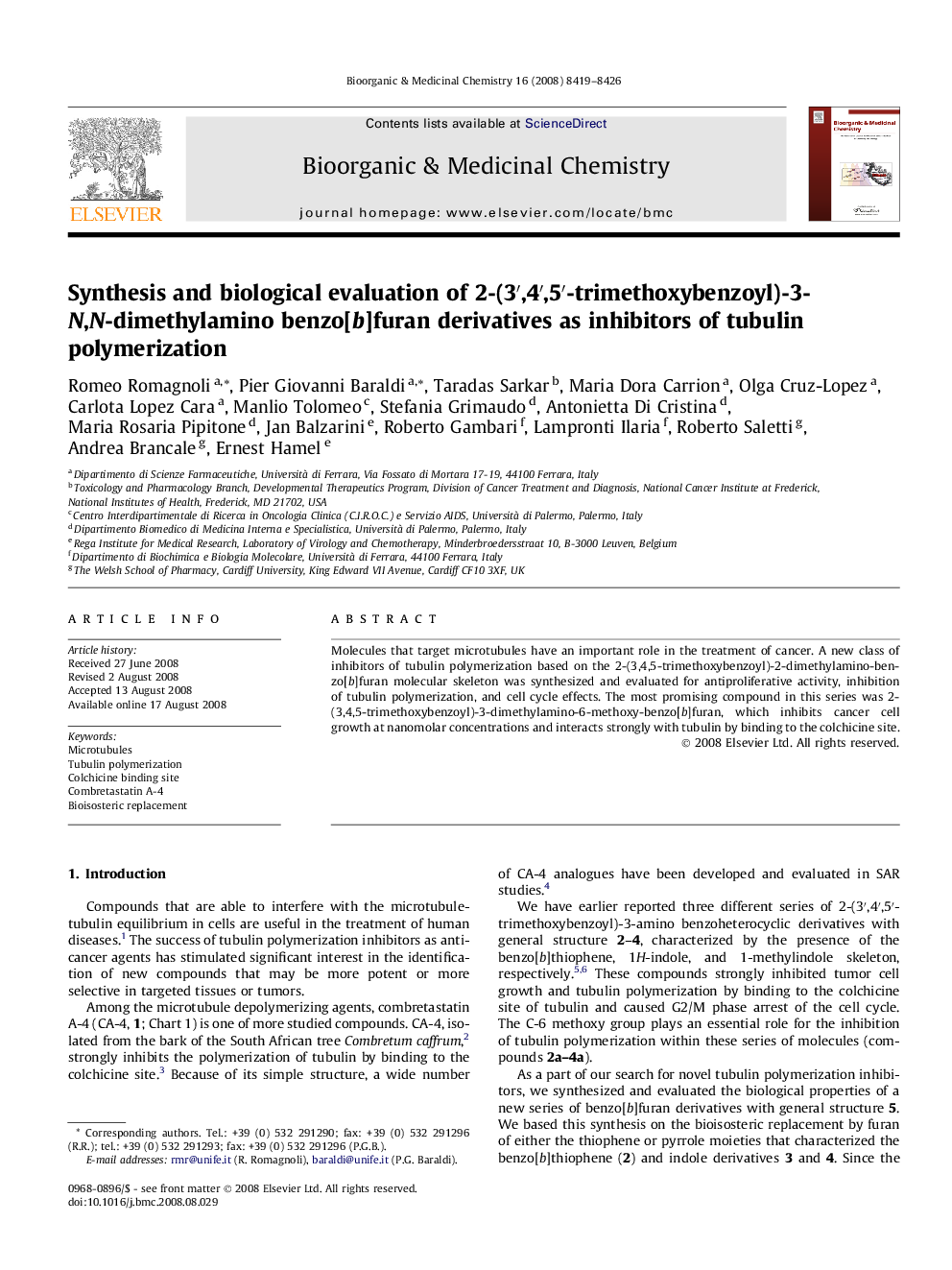 Synthesis and biological evaluation of 2-(3′,4′,5′-trimethoxybenzoyl)-3-N,N-dimethylamino benzo[b]furan derivatives as inhibitors of tubulin polymerization