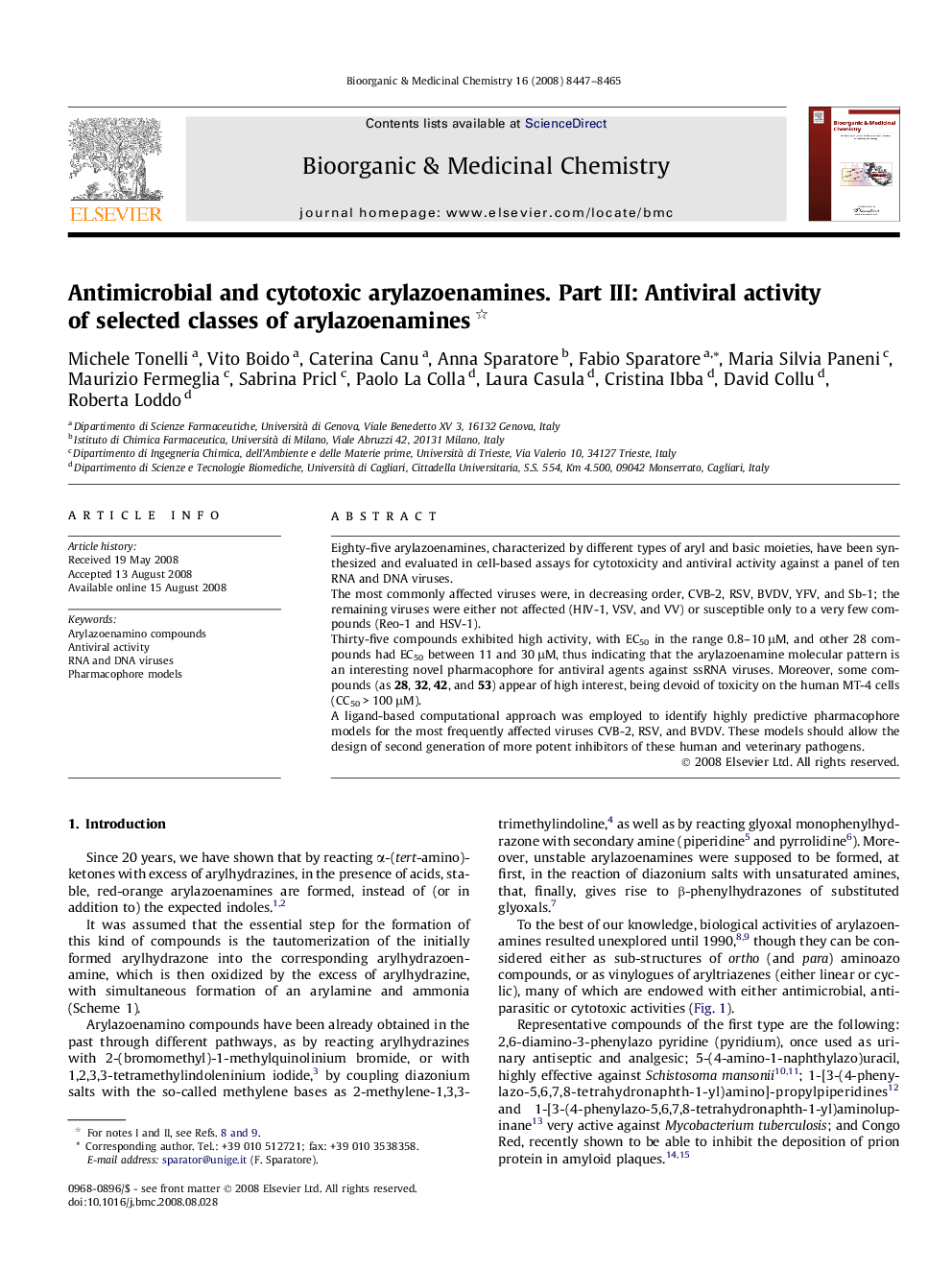 Antimicrobial and cytotoxic arylazoenamines. Part III: Antiviral activity of selected classes of arylazoenamines 