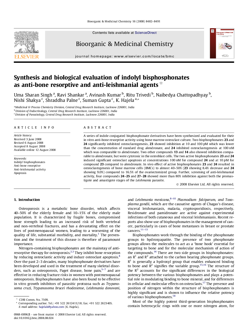 Synthesis and biological evaluation of indolyl bisphosphonates as anti-bone resorptive and anti-leishmanial agents 