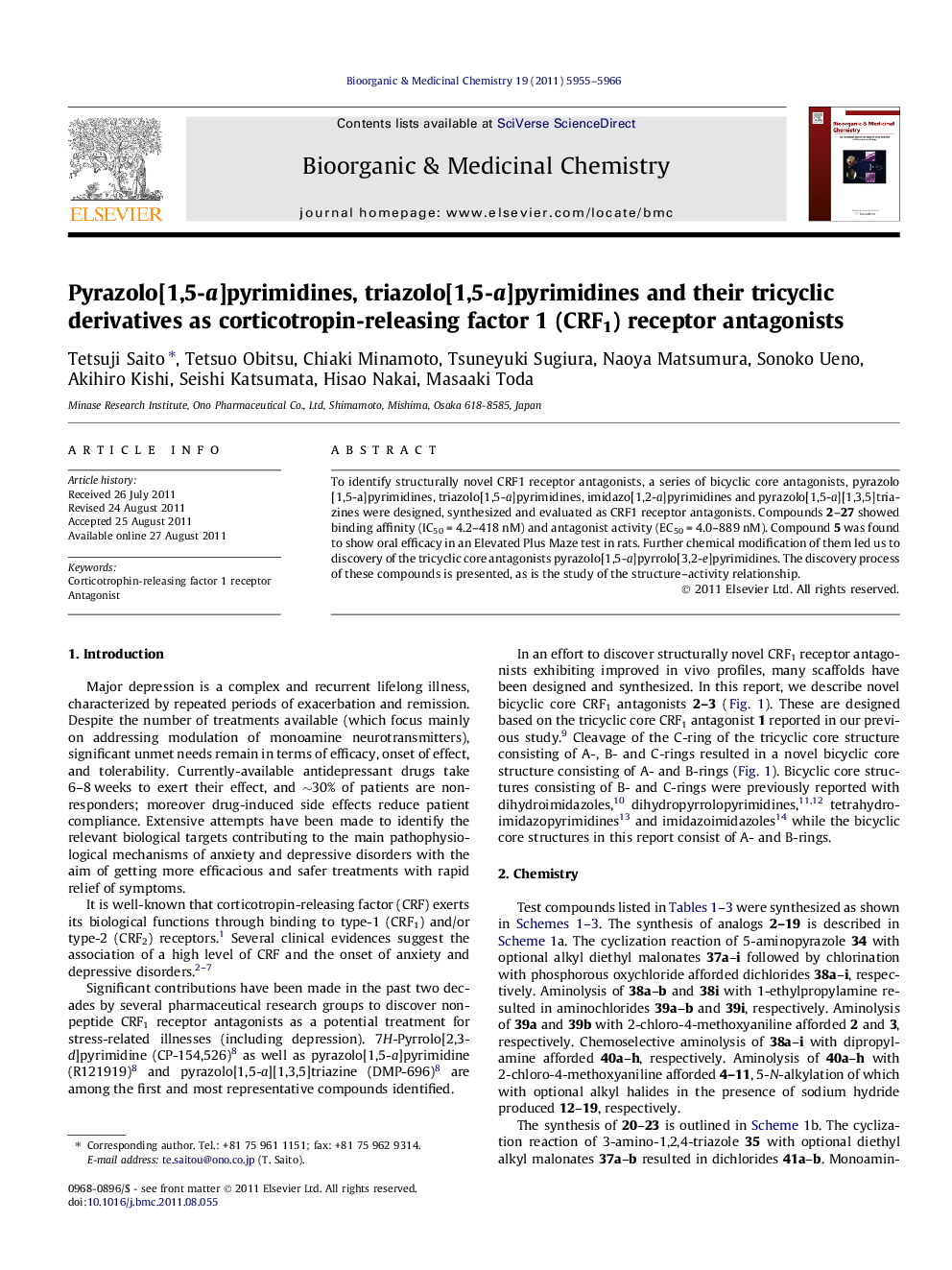 Pyrazolo[1,5-a]pyrimidines, triazolo[1,5-a]pyrimidines and their tricyclic derivatives as corticotropin-releasing factor 1 (CRF1) receptor antagonists