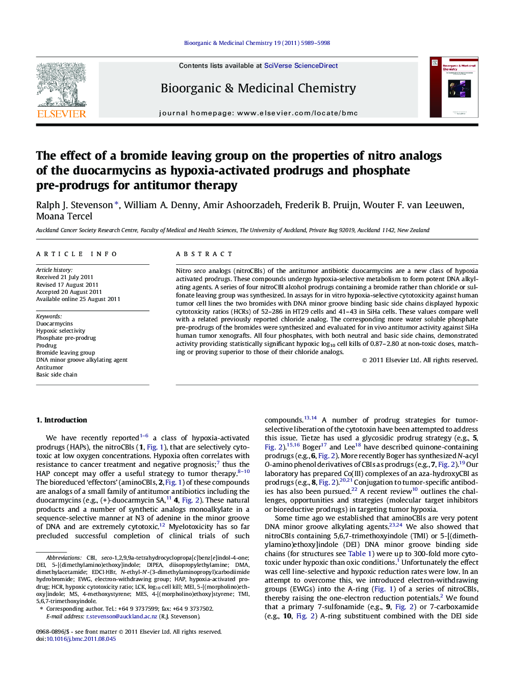 The effect of a bromide leaving group on the properties of nitro analogs of the duocarmycins as hypoxia-activated prodrugs and phosphate pre-prodrugs for antitumor therapy