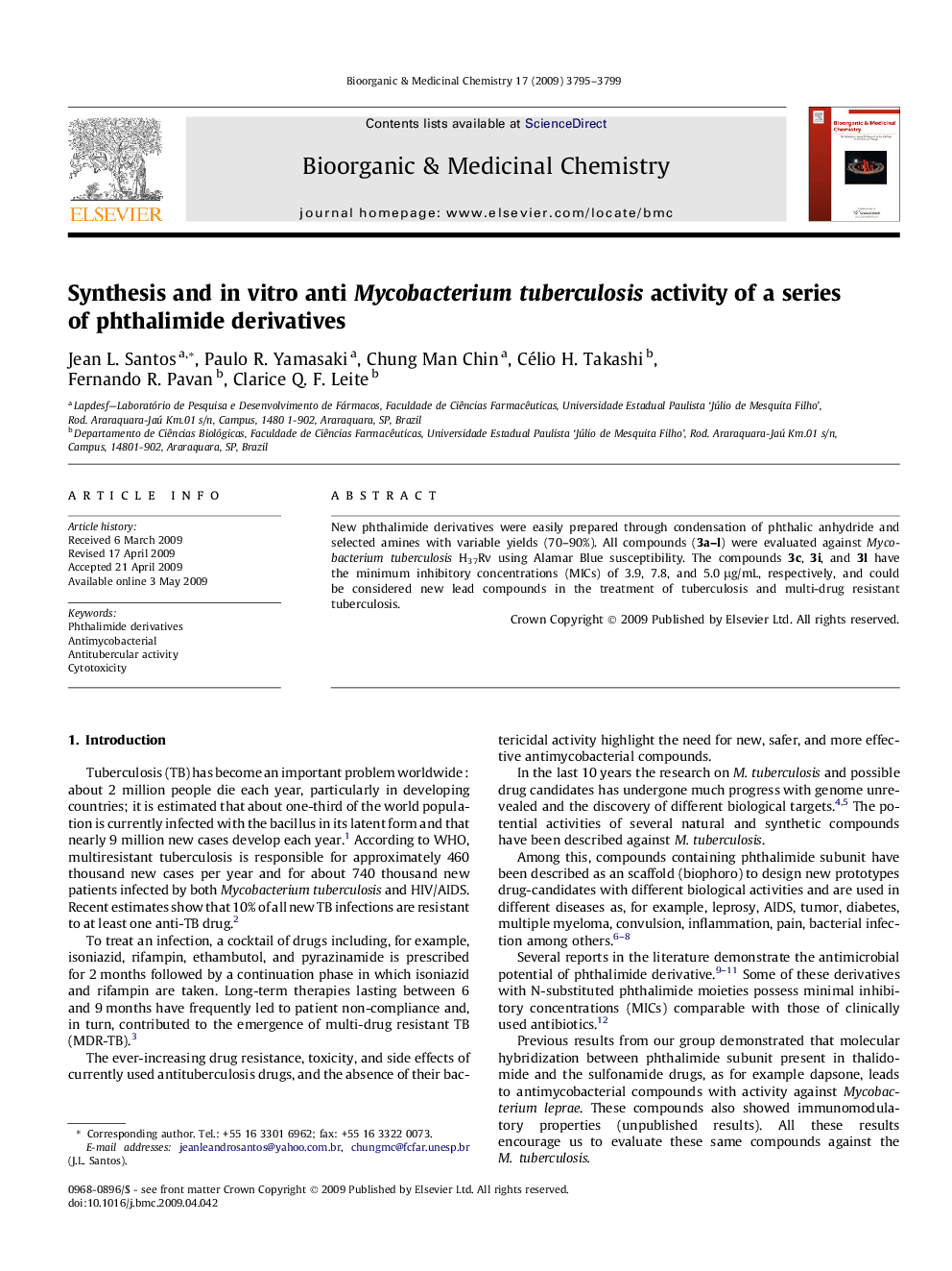 Synthesis and in vitro anti Mycobacterium tuberculosis activity of a series of phthalimide derivatives