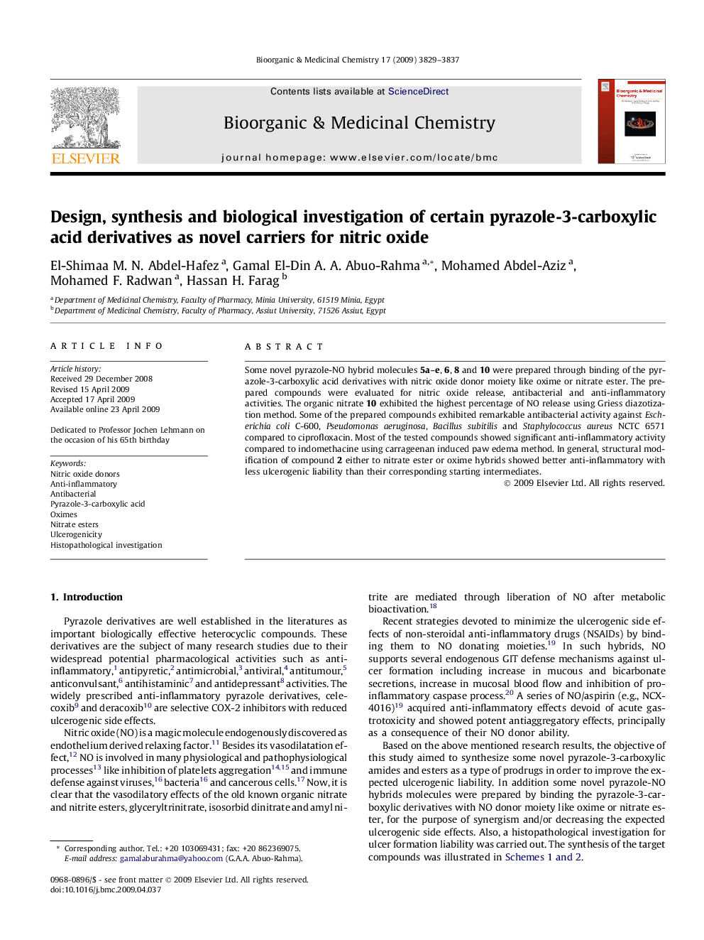 Design, synthesis and biological investigation of certain pyrazole-3-carboxylic acid derivatives as novel carriers for nitric oxide