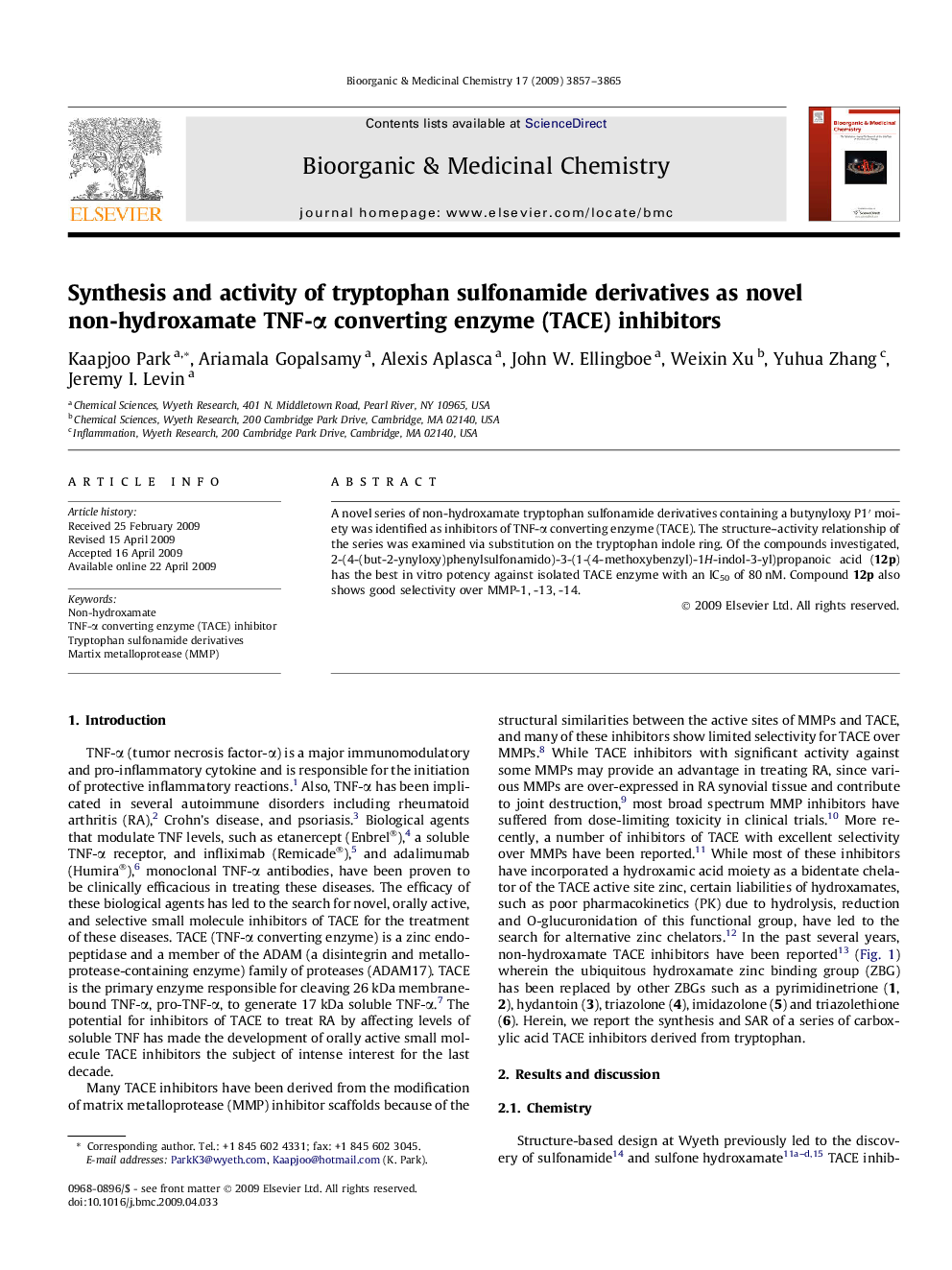 Synthesis and activity of tryptophan sulfonamide derivatives as novel non-hydroxamate TNF-α converting enzyme (TACE) inhibitors