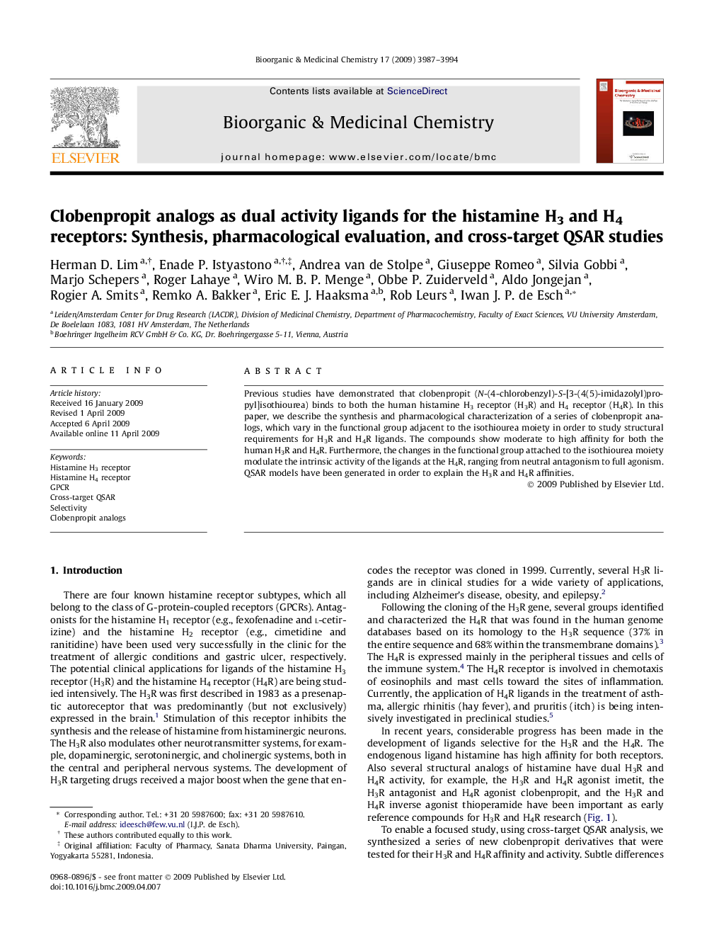 Clobenpropit analogs as dual activity ligands for the histamine H3 and H4 receptors: Synthesis, pharmacological evaluation, and cross-target QSAR studies