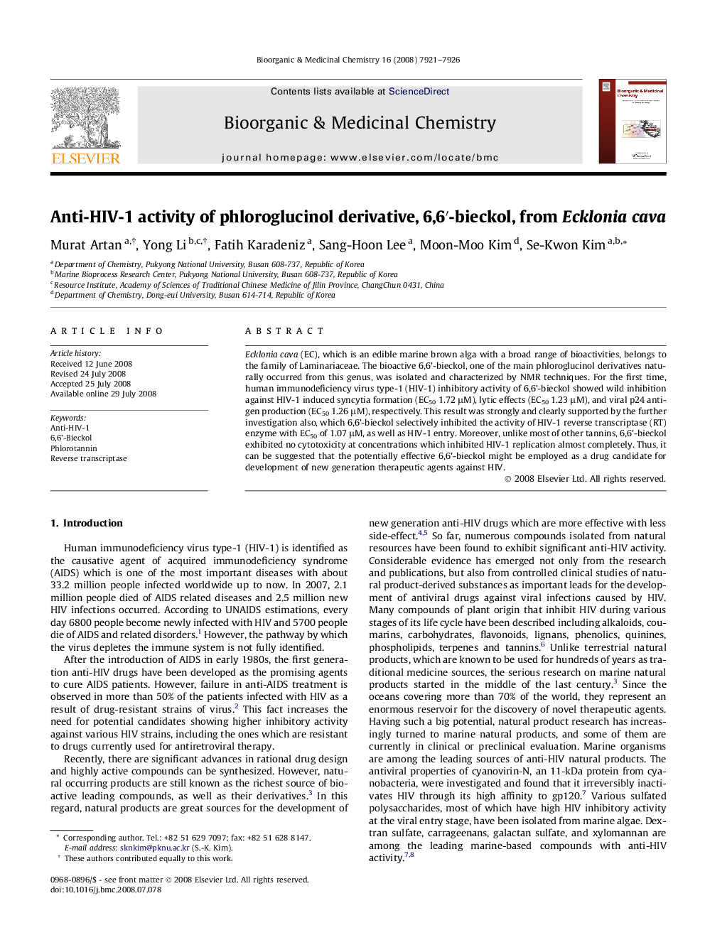 Anti-HIV-1 activity of phloroglucinol derivative, 6,6′-bieckol, from Ecklonia cava