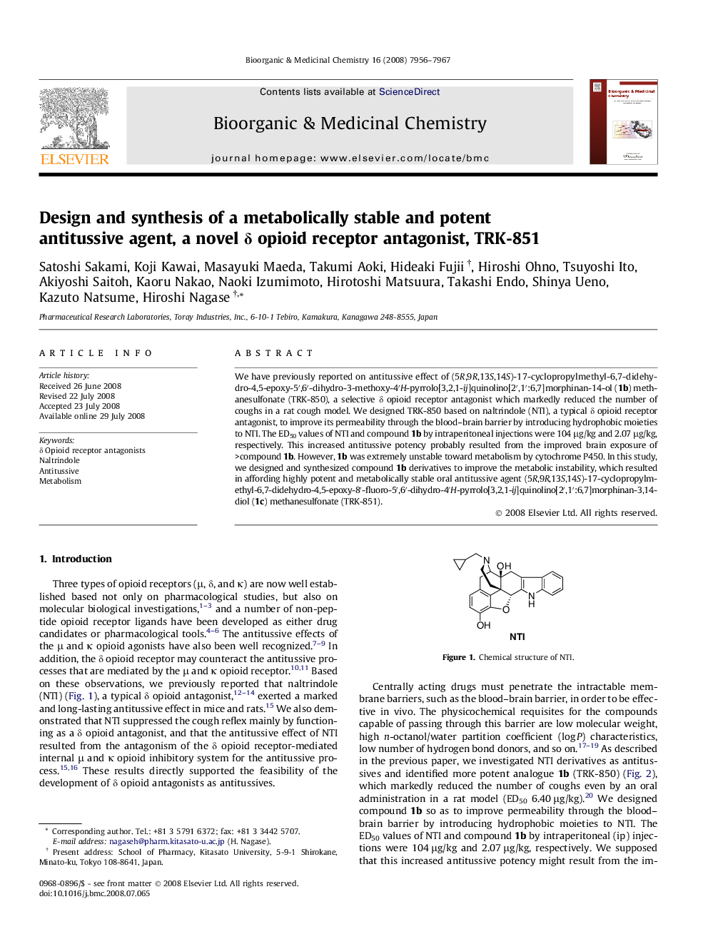 Design and synthesis of a metabolically stable and potent antitussive agent, a novel δ opioid receptor antagonist, TRK-851