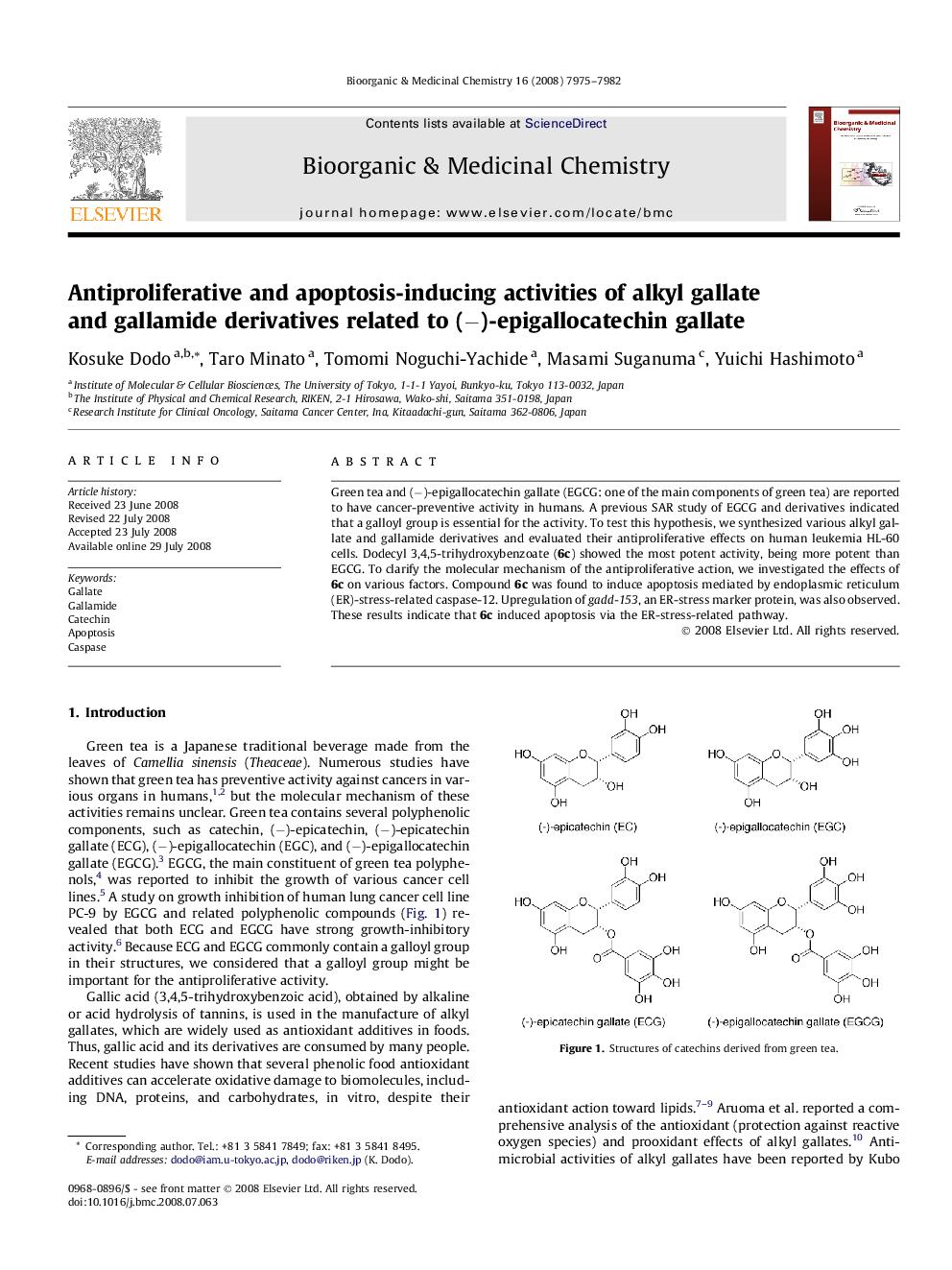 Antiproliferative and apoptosis-inducing activities of alkyl gallate and gallamide derivatives related to (−)-epigallocatechin gallate