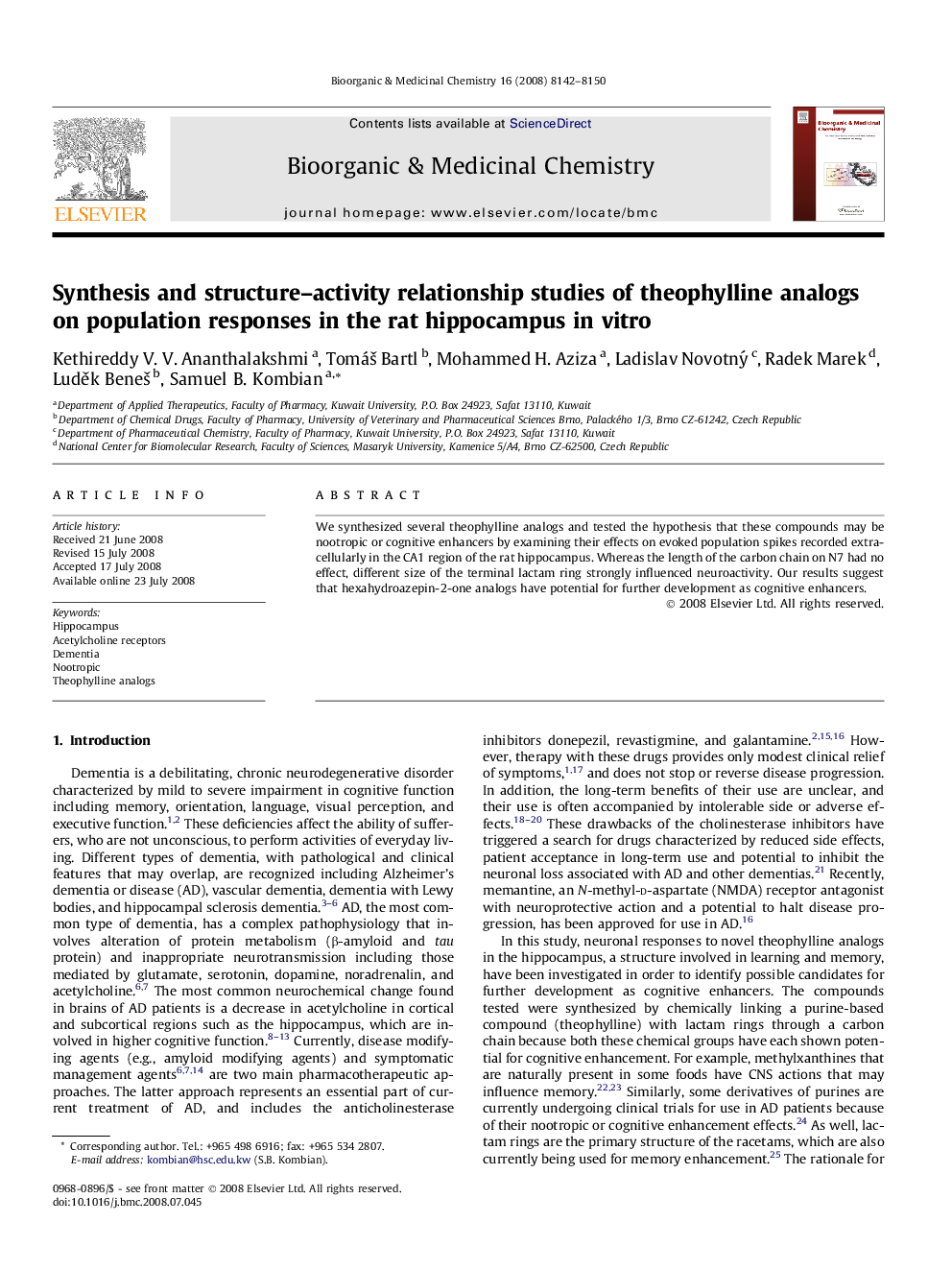 Synthesis and structure–activity relationship studies of theophylline analogs on population responses in the rat hippocampus in vitro