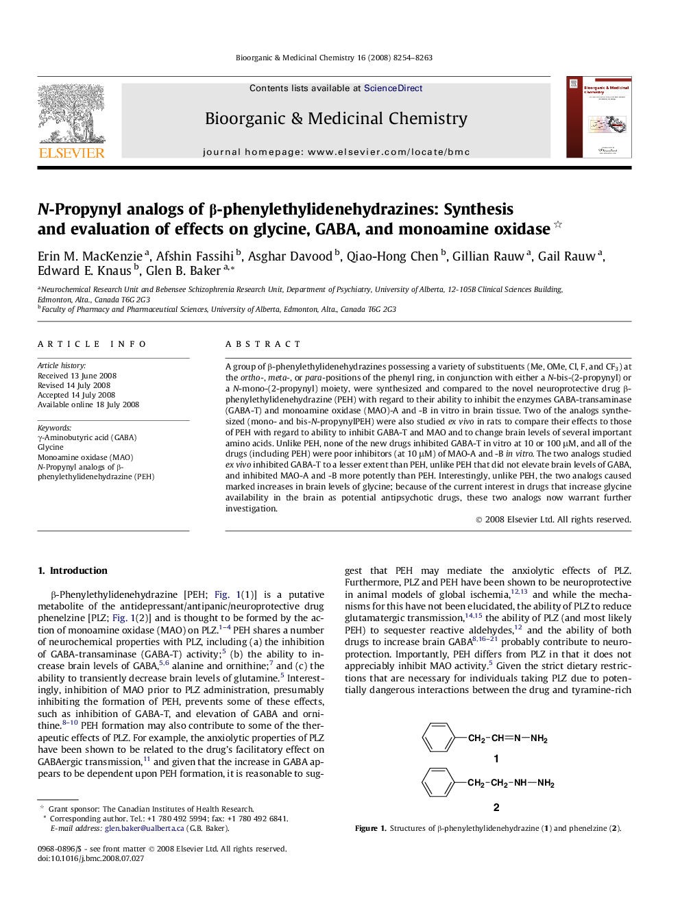 N-Propynyl analogs of β-phenylethylidenehydrazines: Synthesis and evaluation of effects on glycine, GABA, and monoamine oxidase 