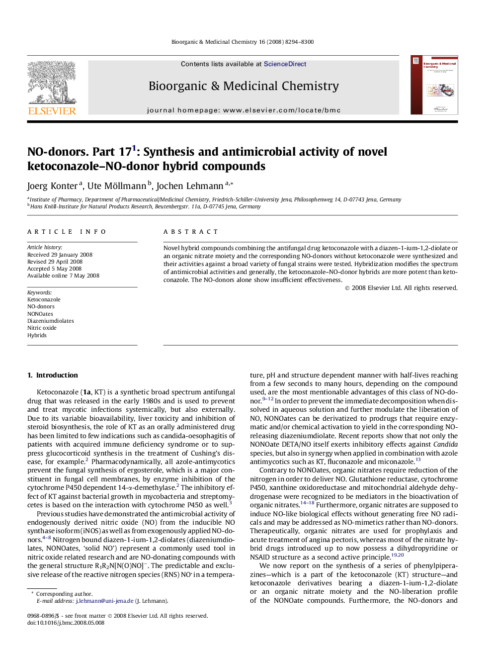 عکس صفحه اول مقاله: NO-donors. Part 171: Synthesis and antimicrobial activity of novel ketoconazole–NO-donor hybrid compounds NO-donors. Part 171: Synthesis and antimicrobial activity of novel ketoconazole–NO-donor hybrid compounds