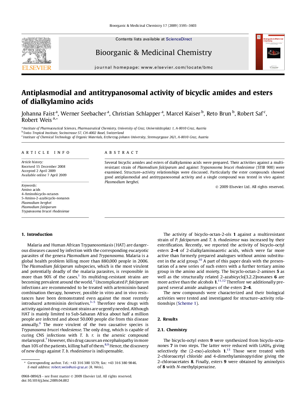 Antiplasmodial and antitrypanosomal activity of bicyclic amides and esters of dialkylamino acids