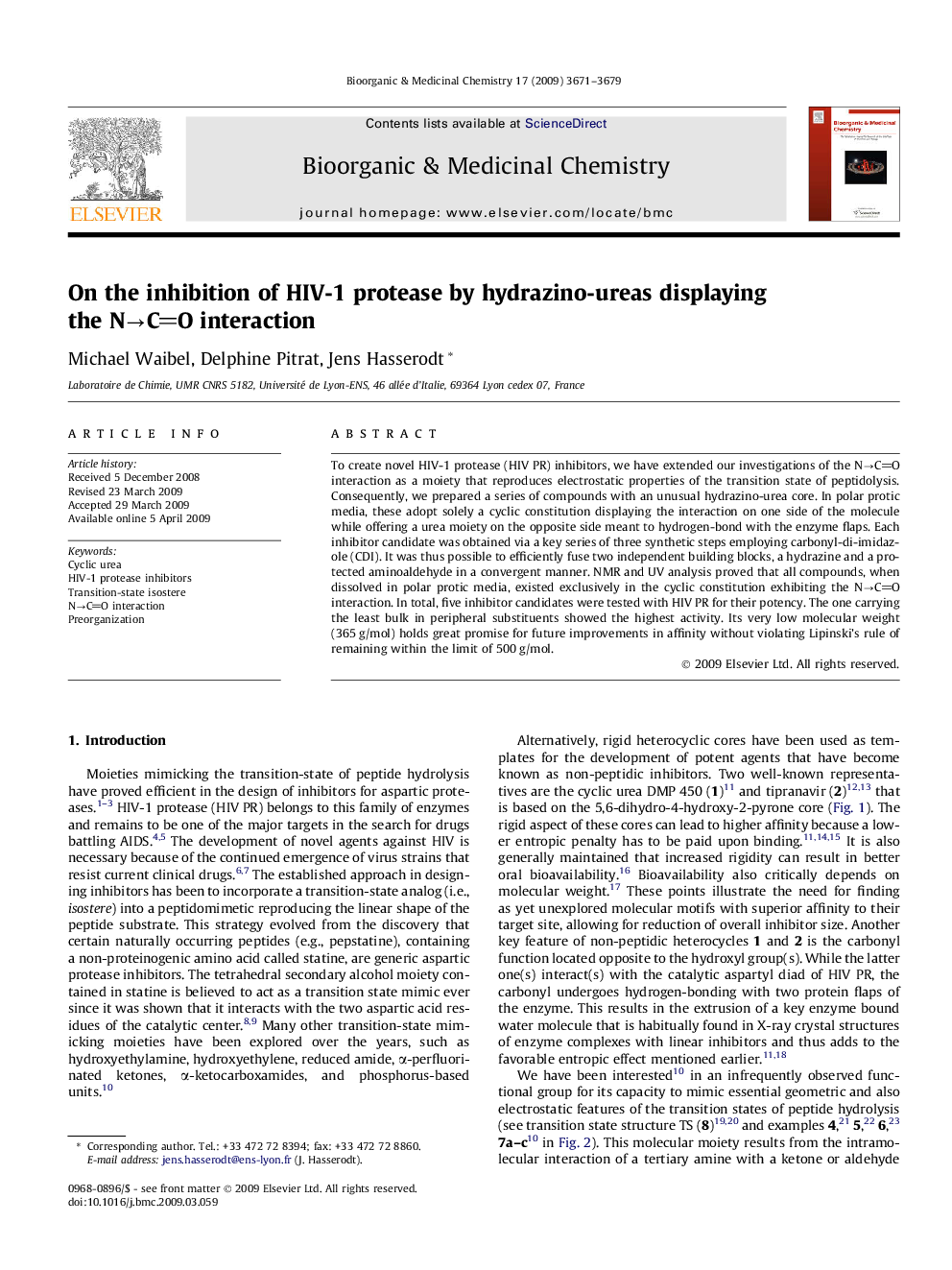 On the inhibition of HIV-1 protease by hydrazino-ureas displaying the N→CO interaction