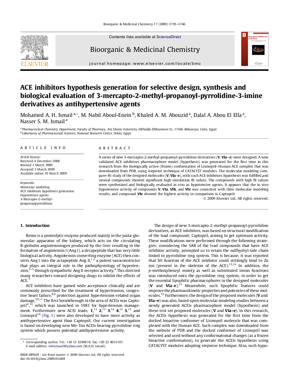 ACE inhibitors hypothesis generation for selective design, synthesis and biological evaluation of 3-mercapto-2-methyl-propanoyl-pyrrolidine-3-imine derivatives as antihypertensive agents