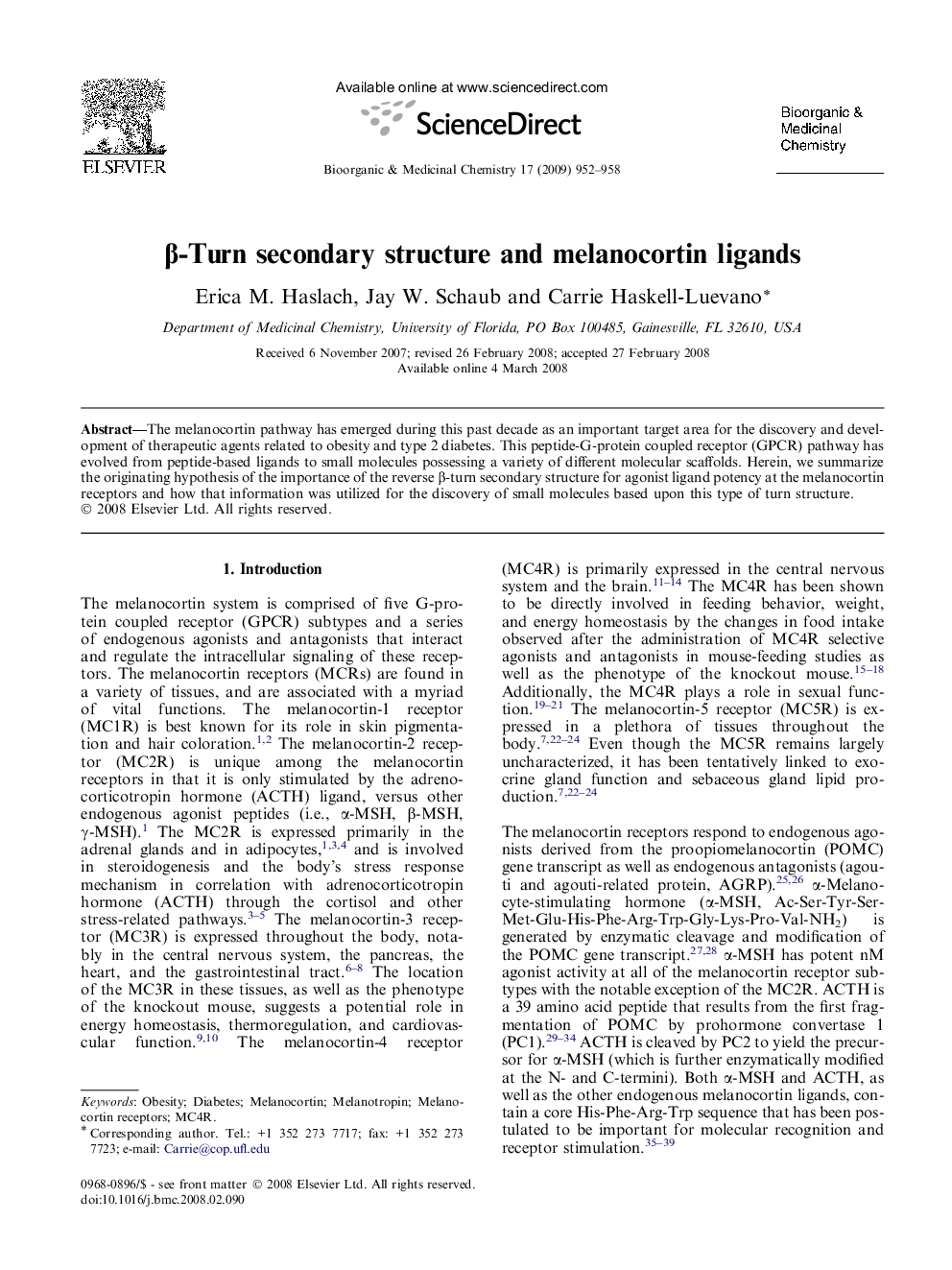 β-Turn secondary structure and melanocortin ligands