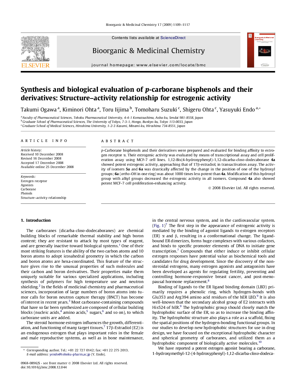 Synthesis and biological evaluation of p-carborane bisphenols and their derivatives: Structure–activity relationship for estrogenic activity