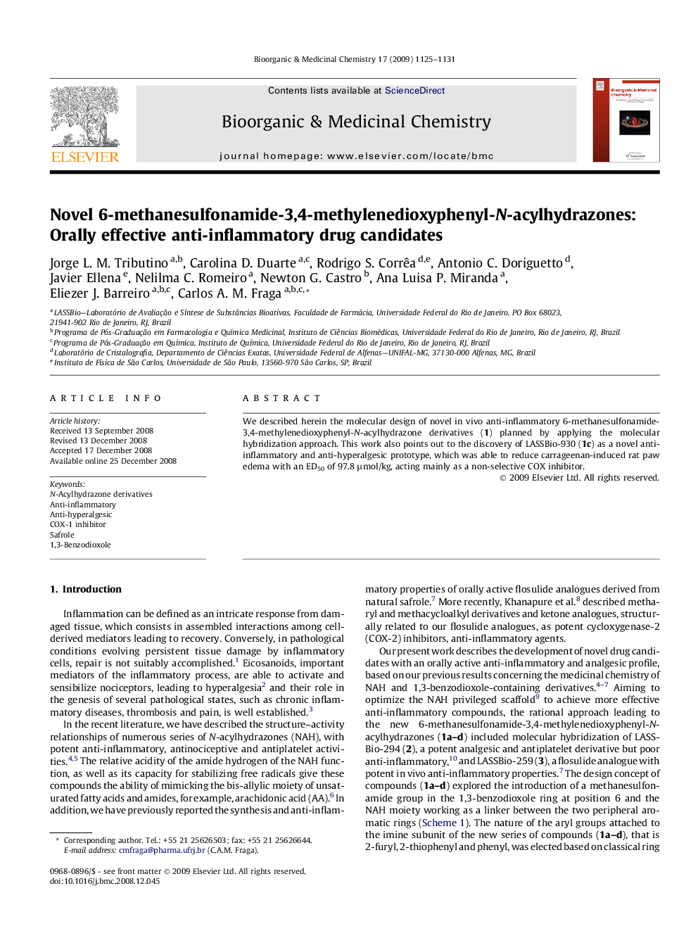 Novel 6-methanesulfonamide-3,4-methylenedioxyphenyl-N-acylhydrazones: Orally effective anti-inflammatory drug candidates