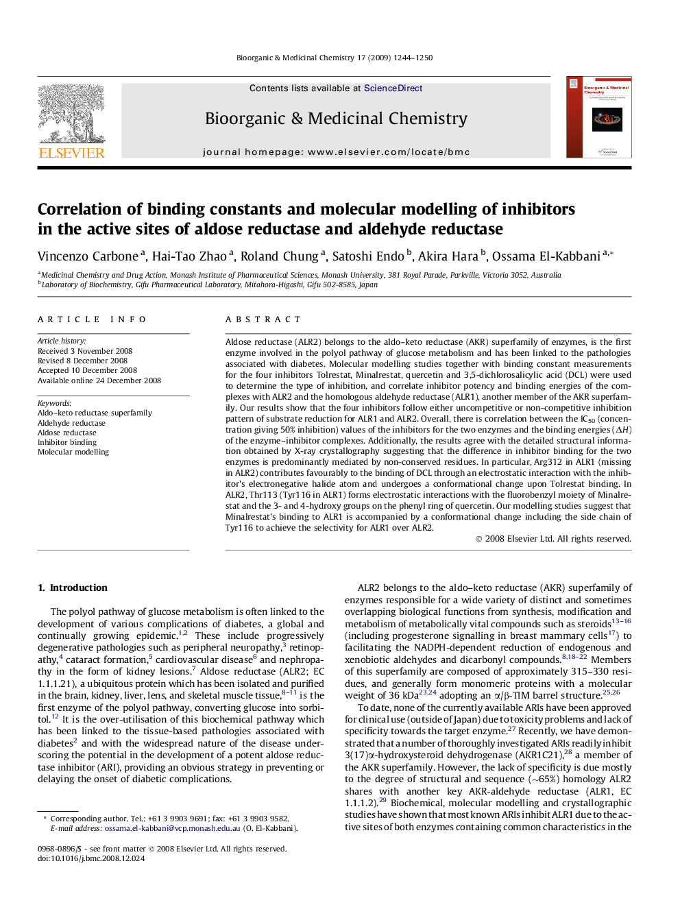 Correlation of binding constants and molecular modelling of inhibitors in the active sites of aldose reductase and aldehyde reductase