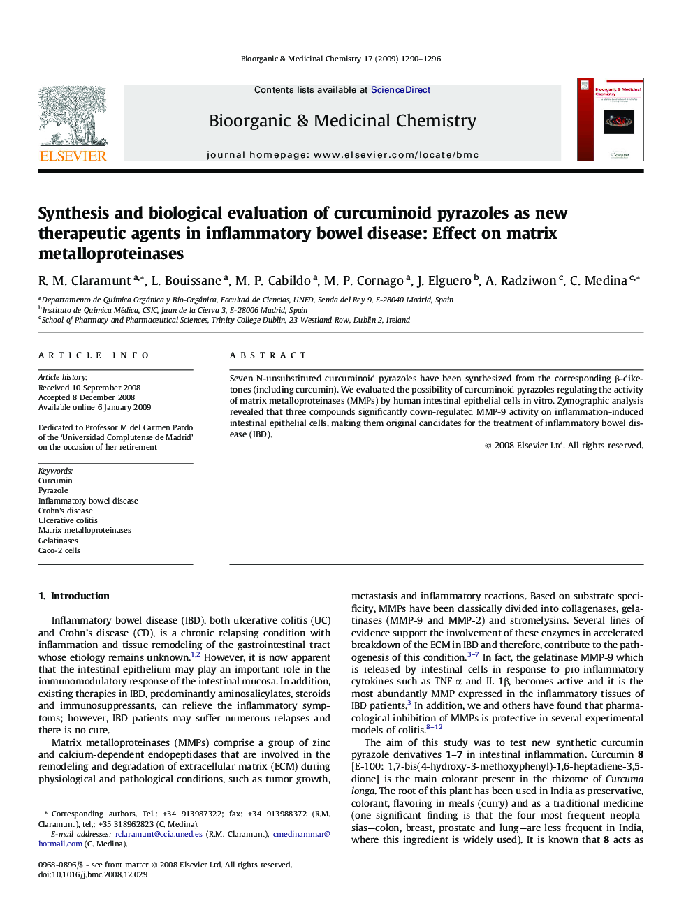 Synthesis and biological evaluation of curcuminoid pyrazoles as new therapeutic agents in inflammatory bowel disease: Effect on matrix metalloproteinases