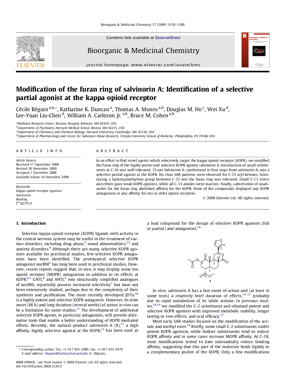 Modification of the furan ring of salvinorin A: Identification of a selective partial agonist at the kappa opioid receptor