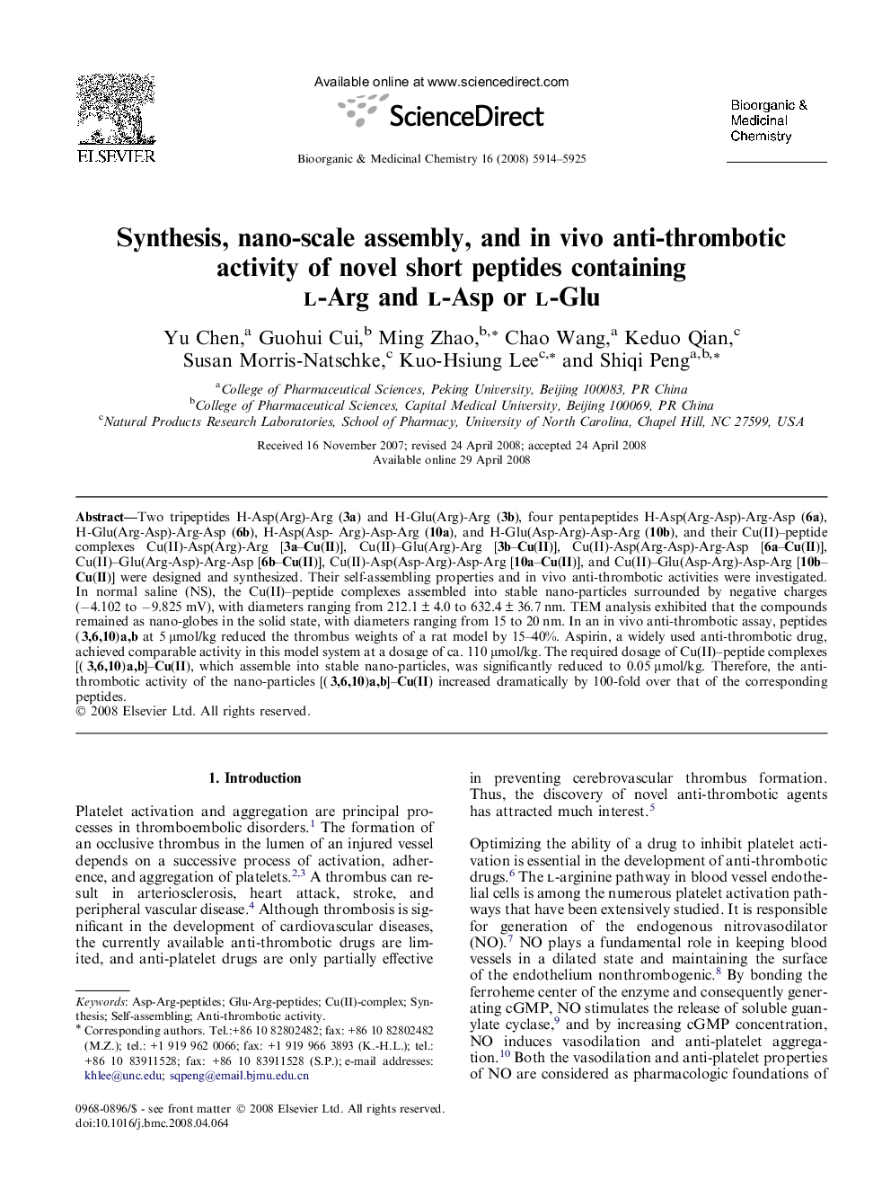 Synthesis, nano-scale assembly, and in vivo anti-thrombotic activity of novel short peptides containing l-Arg and l-Asp or l-Glu