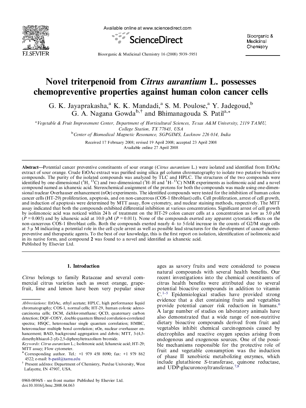 Novel triterpenoid from Citrus aurantium L. possesses chemopreventive properties against human colon cancer cells