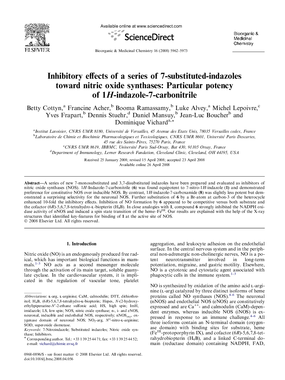 Inhibitory effects of a series of 7-substituted-indazoles toward nitric oxide synthases: Particular potency of 1H-indazole-7-carbonitrile