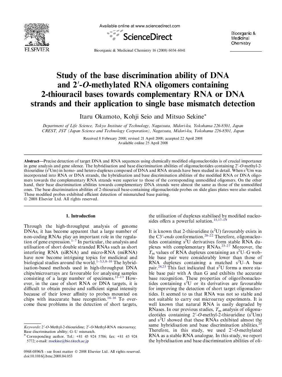 Study of the base discrimination ability of DNA and 2′-O-methylated RNA oligomers containing 2-thiouracil bases towards complementary RNA or DNA strands and their application to single base mismatch detection