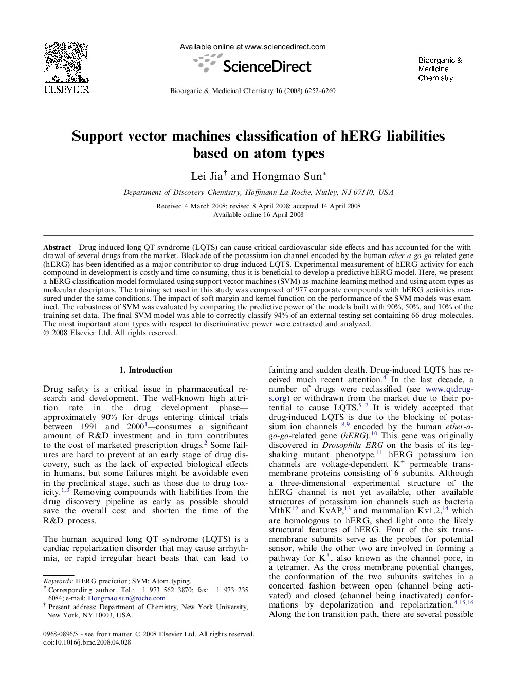 Support vector machines classification of hERG liabilities based on atom types