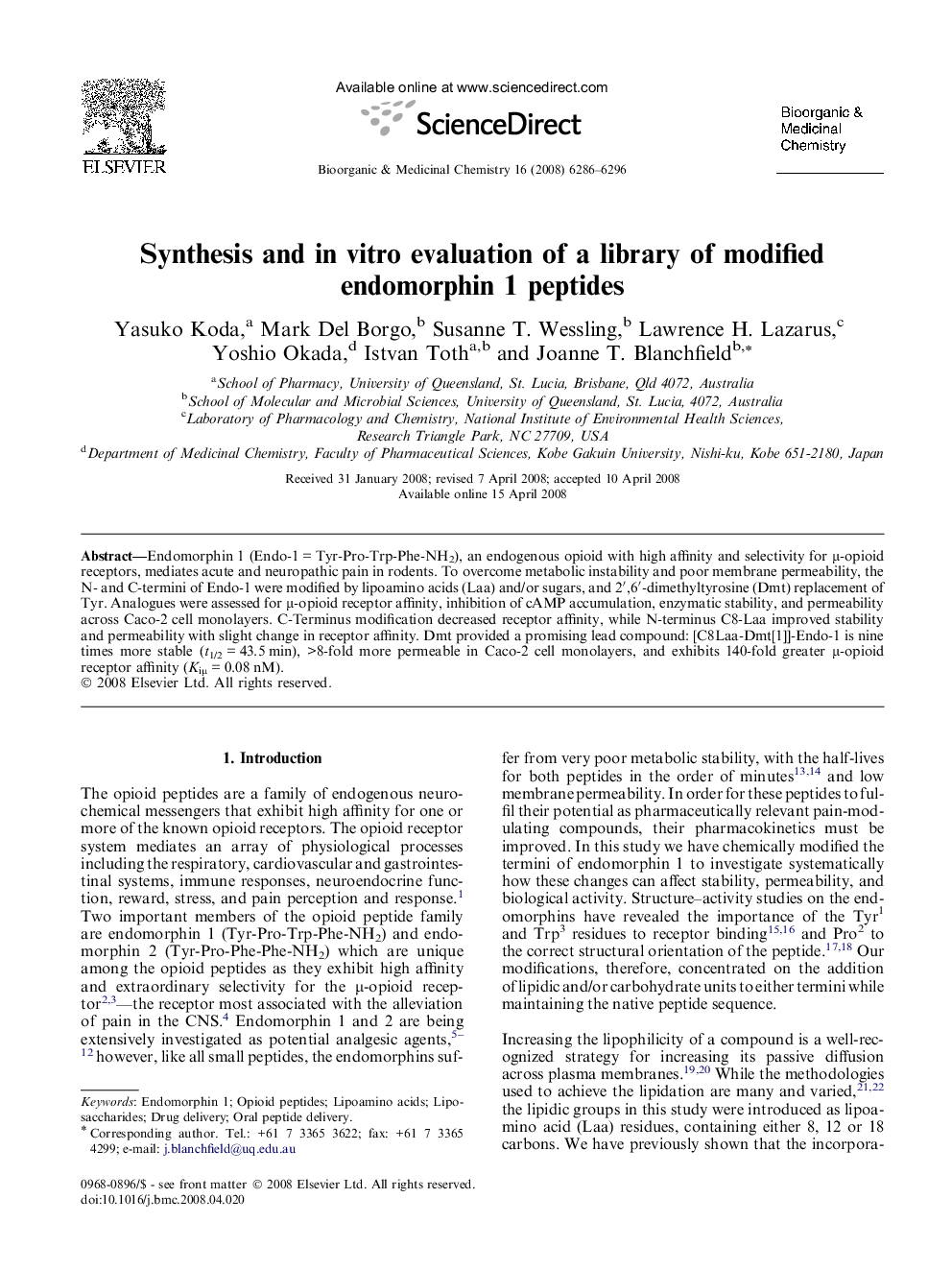 Synthesis and in vitro evaluation of a library of modified endomorphin 1 peptides