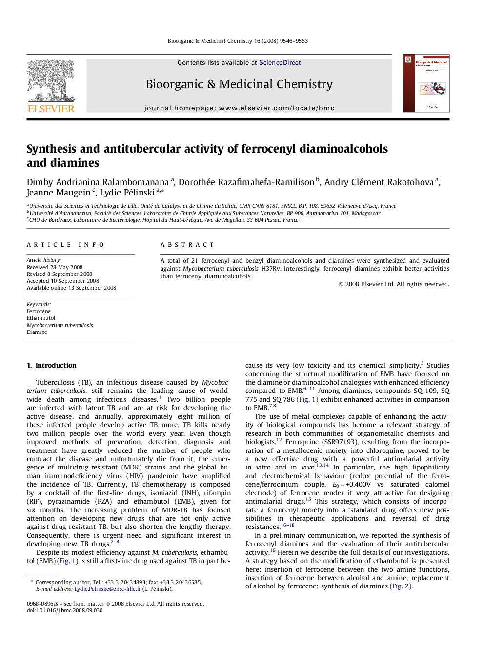 Synthesis and antitubercular activity of ferrocenyl diaminoalcohols and diamines