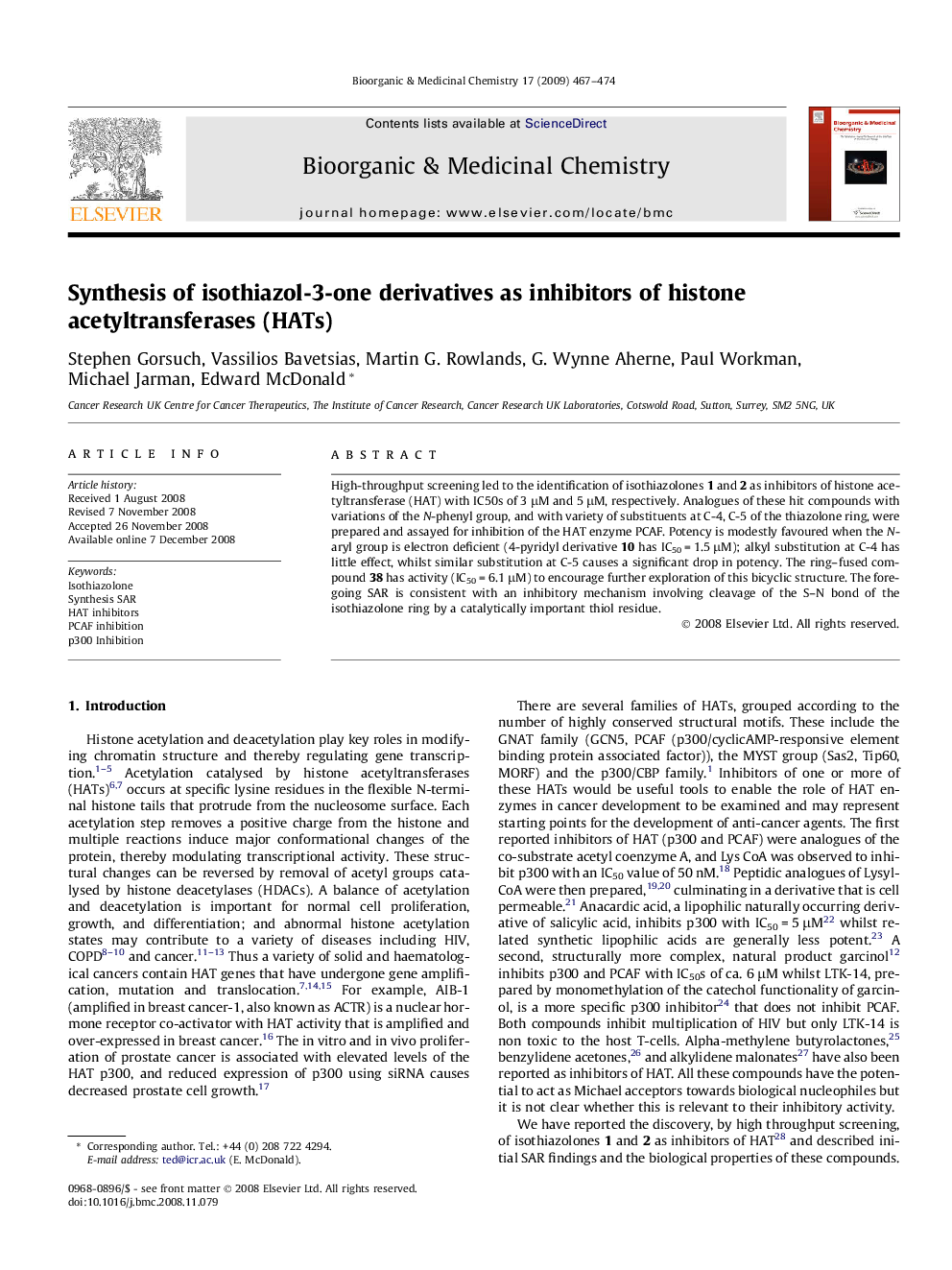 Synthesis of isothiazol-3-one derivatives as inhibitors of histone acetyltransferases (HATs)