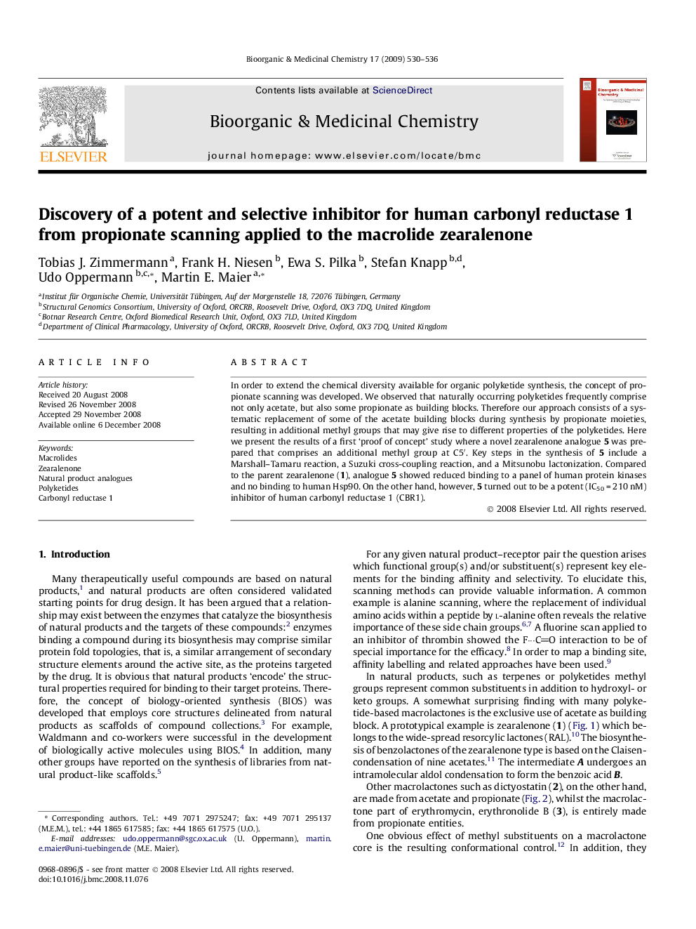 Discovery of a potent and selective inhibitor for human carbonyl reductase 1 from propionate scanning applied to the macrolide zearalenone