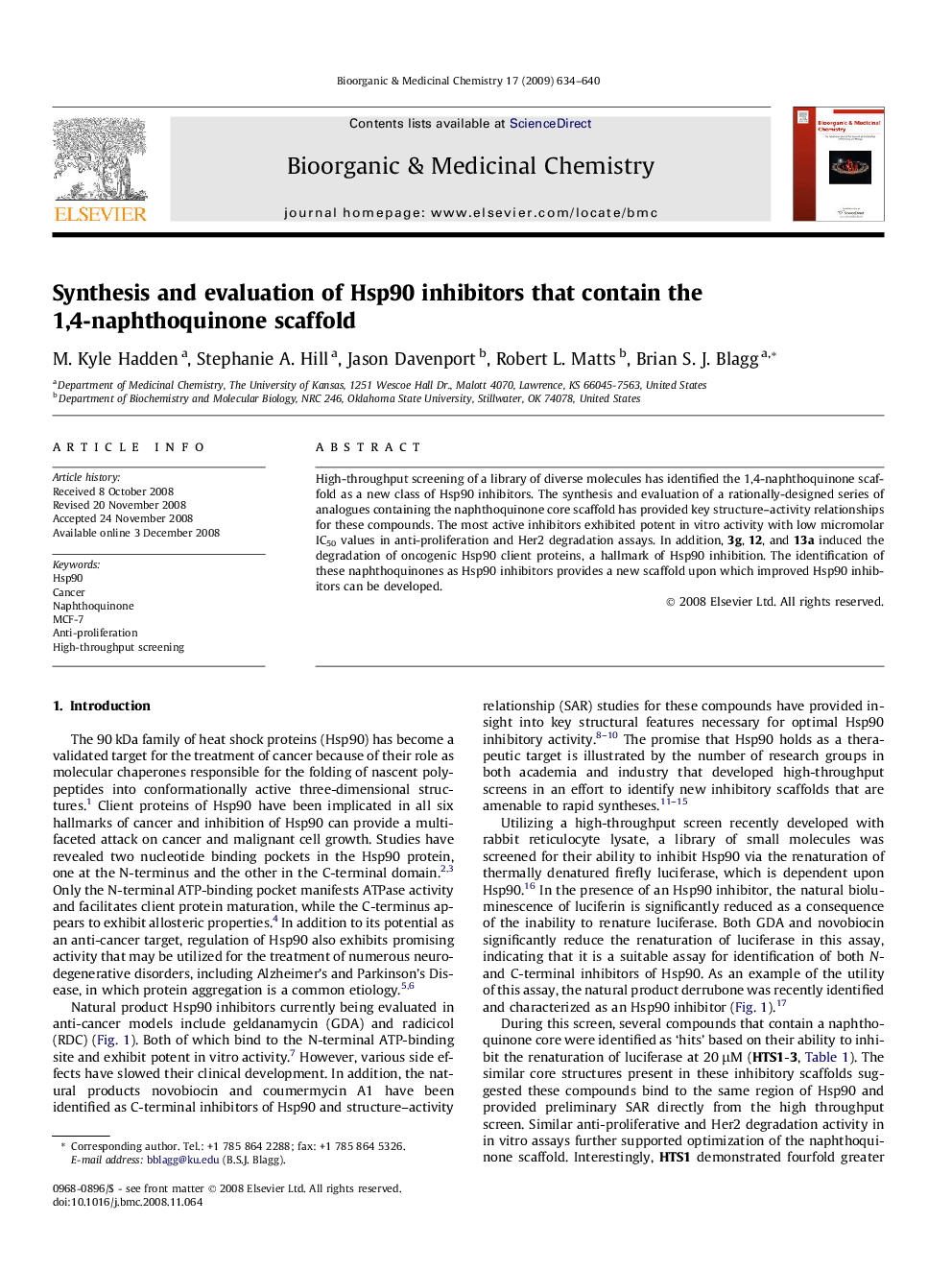 عکس صفحه اول مقاله: Synthesis and evaluation of Hsp90 inhibitors that contain the 1,4-naphthoquinone scaffold Synthesis and evaluation of Hsp90 inhibitors that contain the 1,4-naphthoquinone scaffold