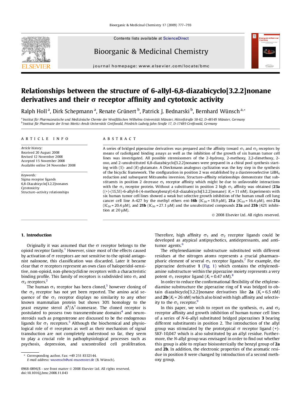 Relationships between the structure of 6-allyl-6,8-diazabicyclo[3.2.2]nonane derivatives and their σ receptor affinity and cytotoxic activity