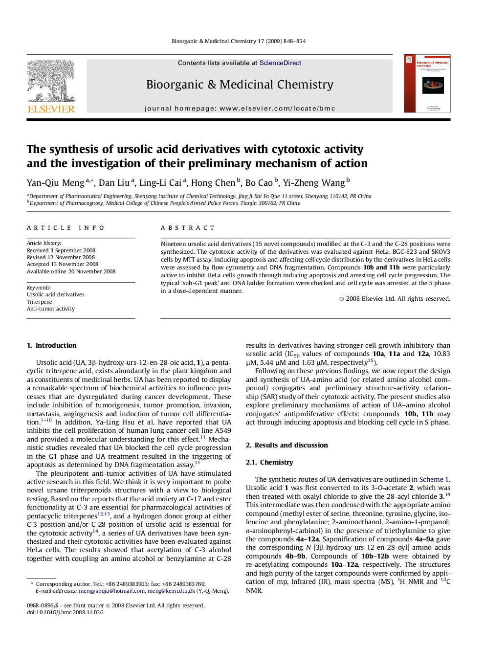 The synthesis of ursolic acid derivatives with cytotoxic activity and the investigation of their preliminary mechanism of action