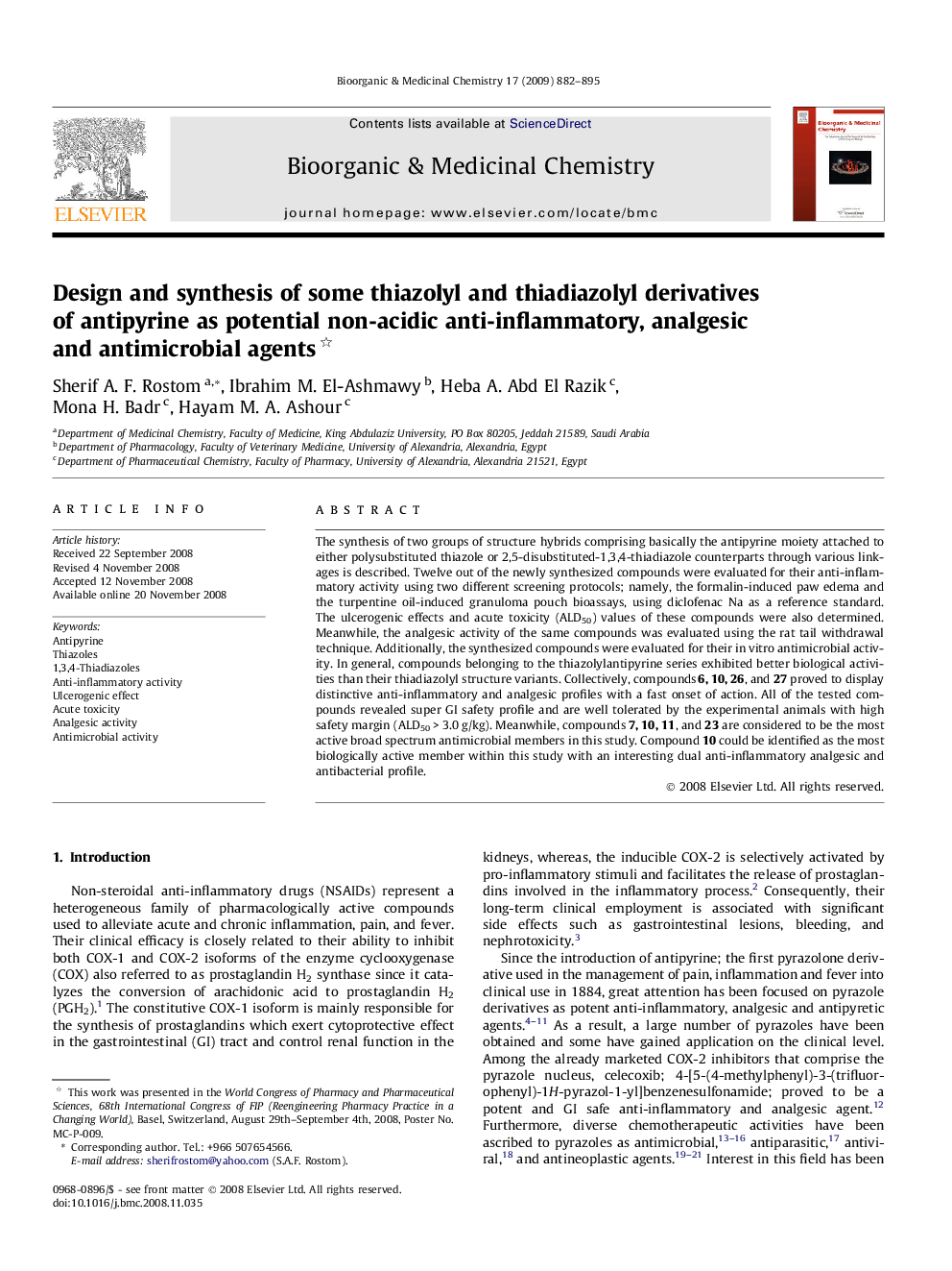 Design and synthesis of some thiazolyl and thiadiazolyl derivatives of antipyrine as potential non-acidic anti-inflammatory, analgesic and antimicrobial agents 