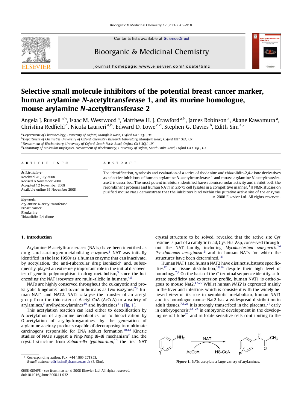 Selective small molecule inhibitors of the potential breast cancer marker, human arylamine N-acetyltransferase 1, and its murine homologue, mouse arylamine N-acetyltransferase 2