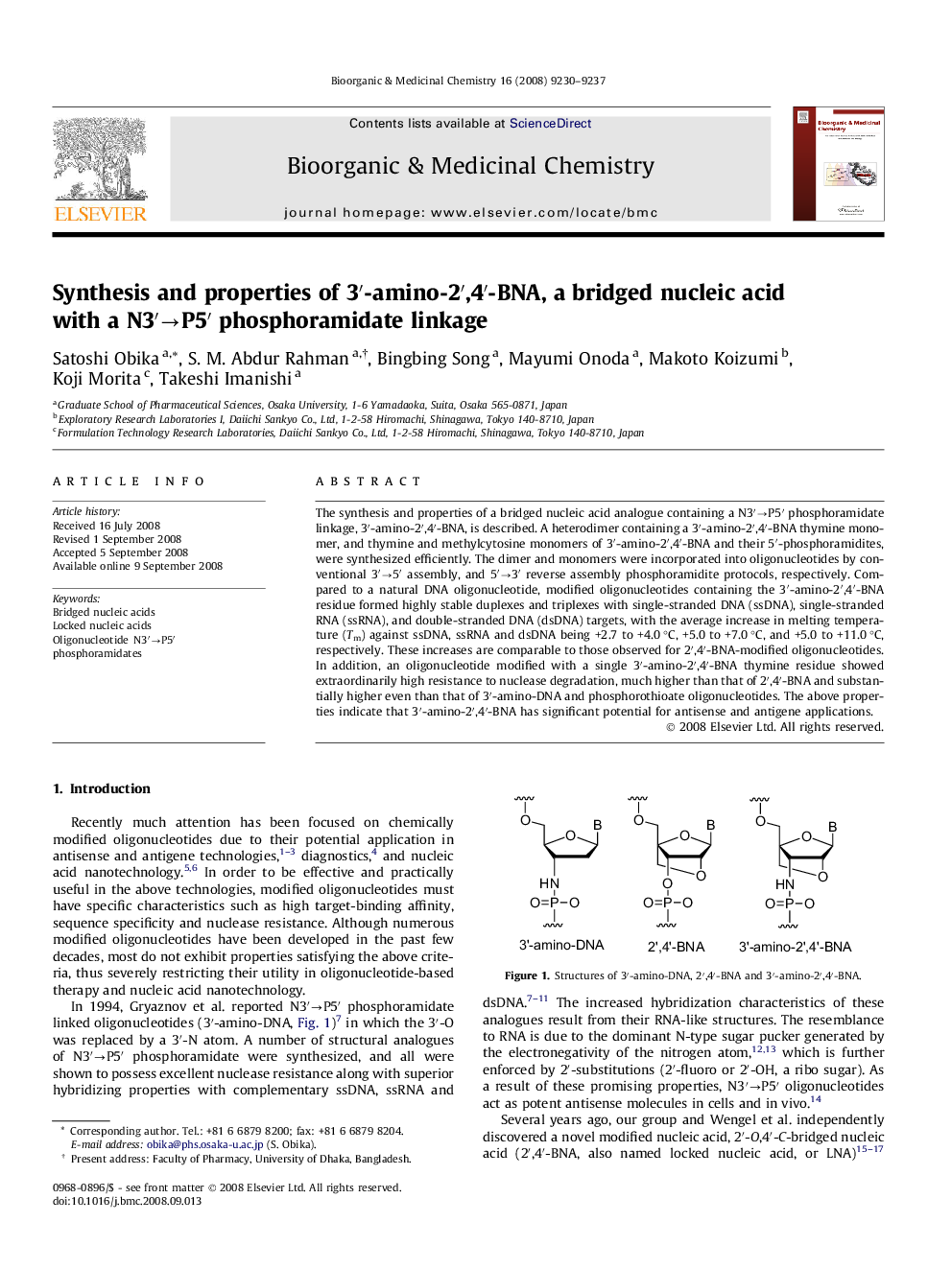 Synthesis and properties of 3′-amino-2′,4′-BNA, a bridged nucleic acid with a N3′→P5′ phosphoramidate linkage
