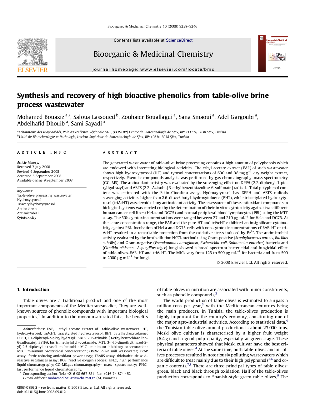 Synthesis and recovery of high bioactive phenolics from table-olive brine process wastewater